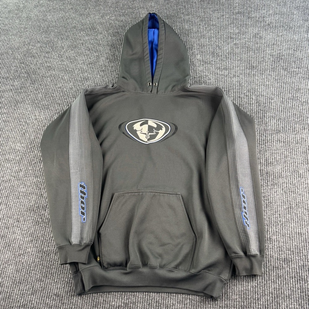 Thor Hoodie Men Extra Large Gray Blue Pullover Sweatshirt Graphic Logo Spell Out